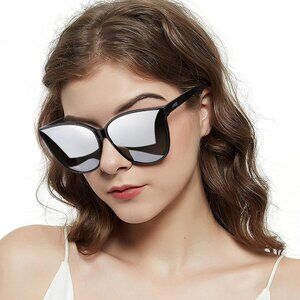 Women's Silver Polariz UV400 Protection Oversized Cat Eye Frame Retro Sunglasses